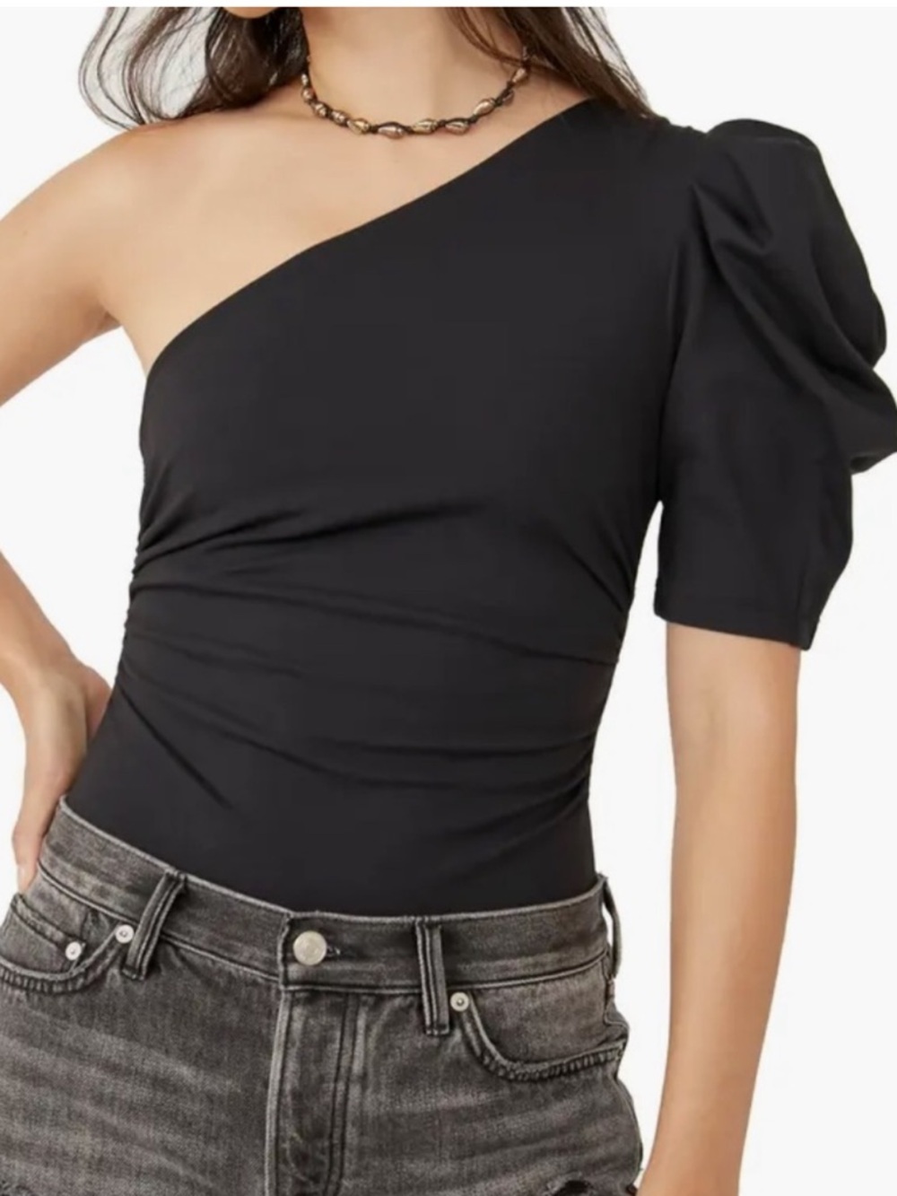Free People something bout you One Shoulder Black Puff-Sleeve Bodysuit